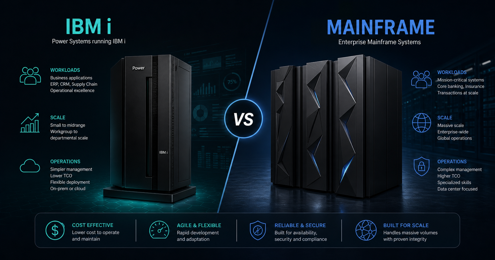 Split comparison graphic showing IBM i on one side and a mainframe on the other, with differences in workload scale, operations, and platform design.
