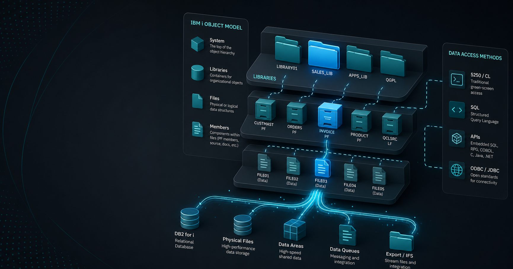Object-model diagram showing libraries, files, members, and SQL access paths on IBM i.