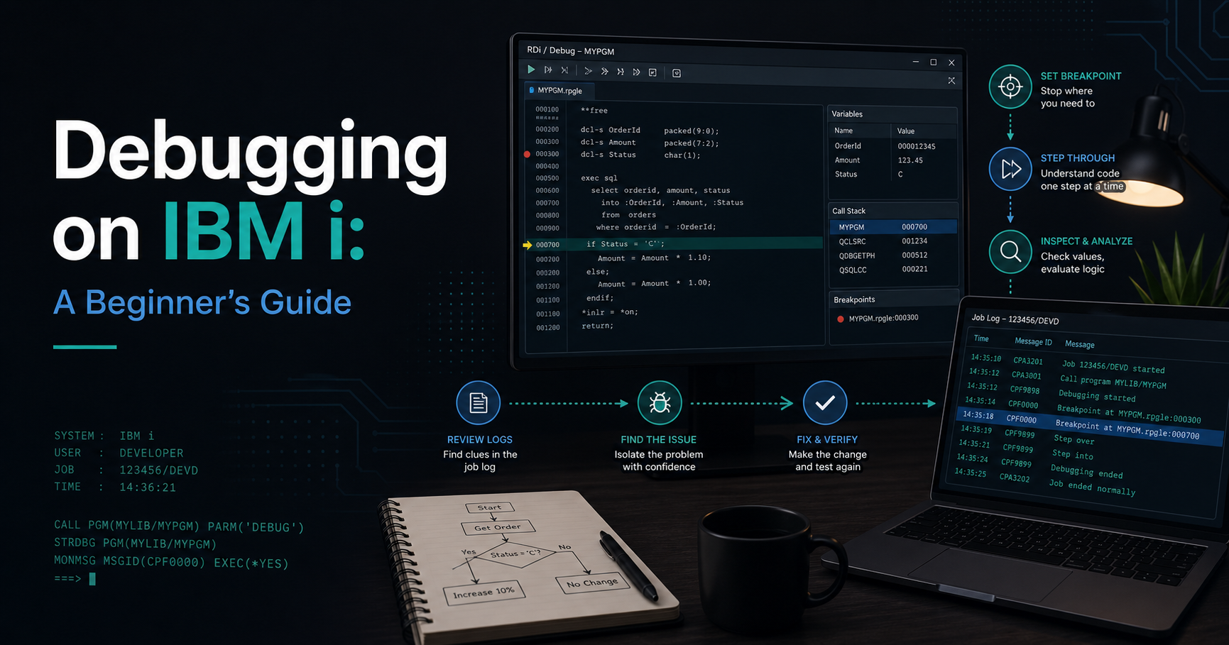 Debugging workflow showing source code, job logs, breakpoints, and step-by-step analysis on IBM i.