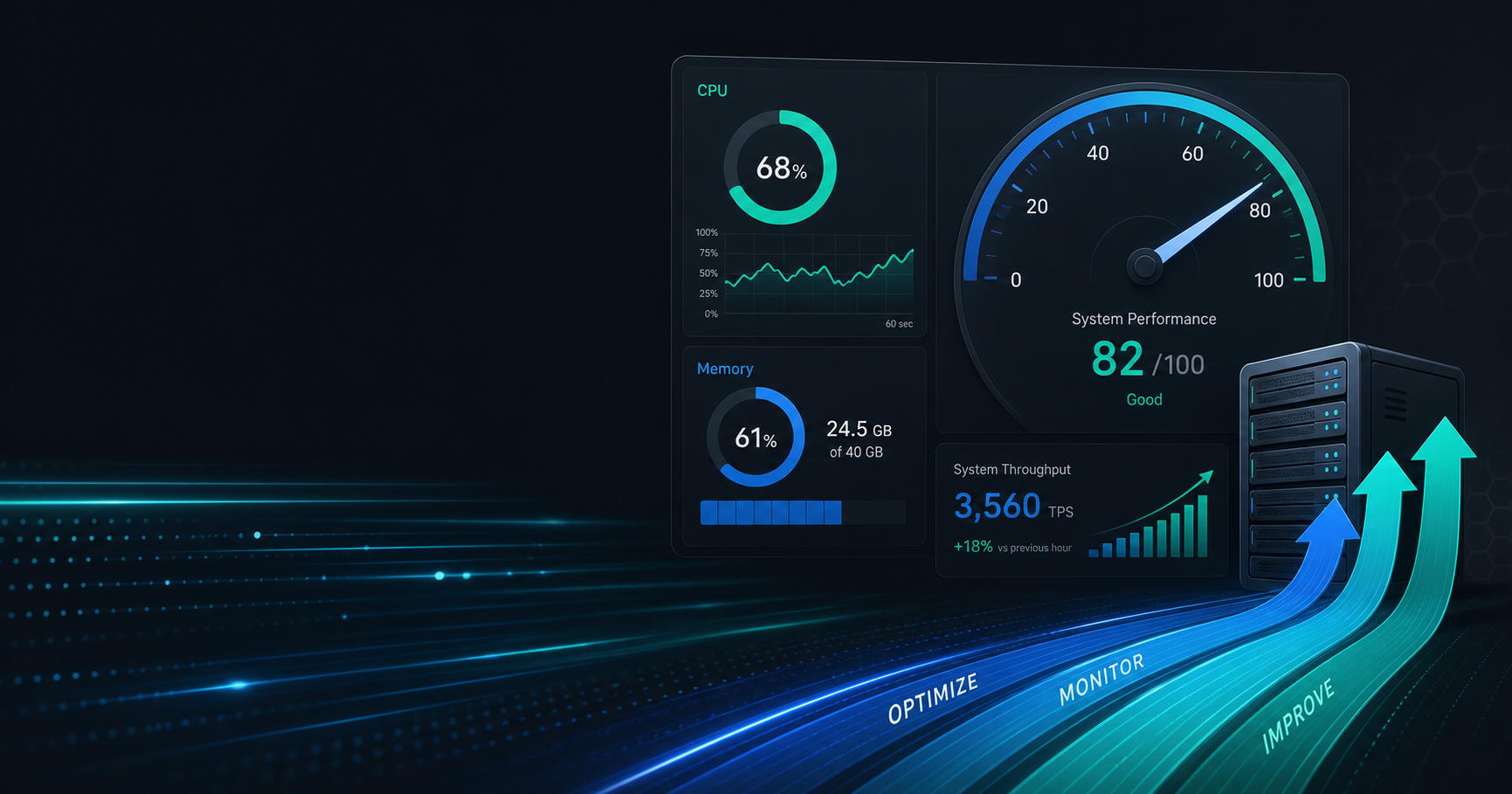 Performance dashboard showing CPU, memory, throughput, and improvement arrows for an IBM i system.